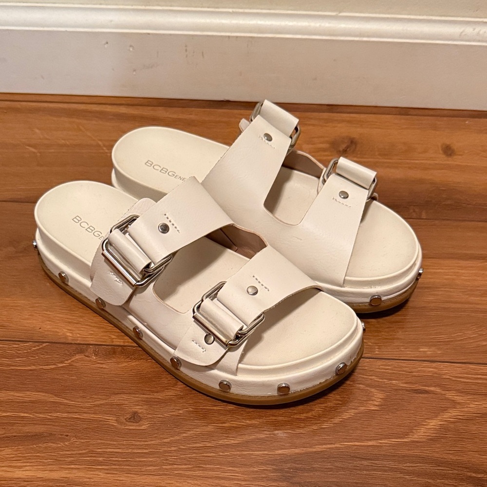BCBG Cream Buckle Sandals